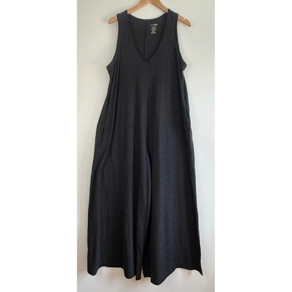 Natural Life Jumpsuit Womens One Size Gray Wide Leg V-Neck Sleeveless Pockets DG